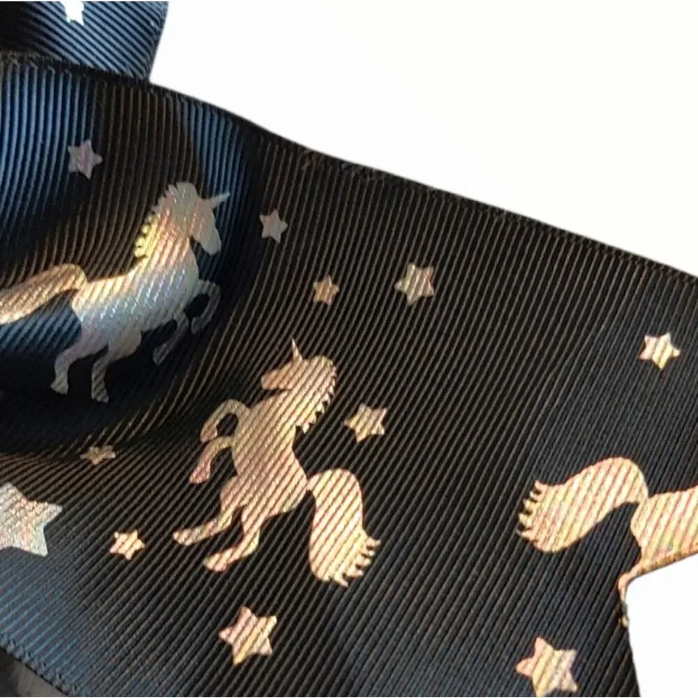Large Boutique Bow Black and Silver Metallic Unicorn Stars Hair Tie